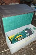 TWO PLASTIC GARDEN CONTAINERS including various garden tools, etc (2)