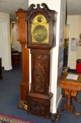 A 18TH CENTURY OAK LONGCASE CLOCK, later carved case, 8 day movement, brass dial diameter 11'', with