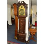 A 18TH CENTURY OAK LONGCASE CLOCK, later carved case, 8 day movement, brass dial diameter 11'', with