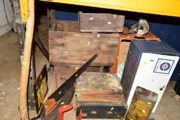 TWO VINTAGE WOODEN CRATES, and another, a small steel locker, saw, miscellaneous, ETC (12+)