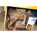 TWO VINTAGE WOODEN CRATES, and another, a small steel locker, saw, miscellaneous, ETC (12+)