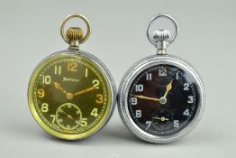 TWO STEEL MILITARY ISSUE POCKET WATCHES, an Elgin black dial with Arabic numbers and a second