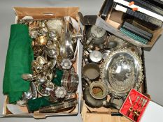 THREE BOXES OF PEWTER, STAINLESS STEEL AND SILVER PLATED WARES, including boxed cutlery,