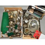 THREE BOXES OF PEWTER, STAINLESS STEEL AND SILVER PLATED WARES, including boxed cutlery,