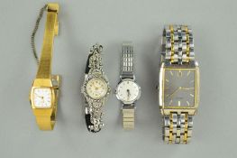 FOUR WRIST WATCHES to include a gentleman's stainless steel Seiko watch, lady's gold plated base