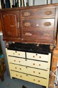 A DISTRESSED PAINTED VICTORIAN PINE SIDEBOARD flanked by three drawers, width 118cm x 42cm x