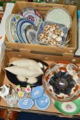 TWO BOXES OF CERAMICS to include purple Carnival glass dish, Oriental footed bowl, Wedgwood