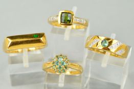 A COLLECTION OF GEM SET 9CT GOLD DRESS RINGS to include a small green sapphire cluster, ring size