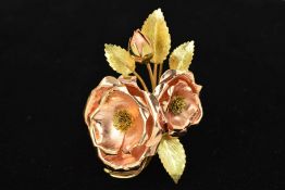 A LATE 20TH CENTURY 9CT ROSE AND YELLOW GOLD FLORAL AND FOLIATE BROOCH, textured finish, measuring