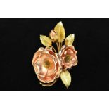 A LATE 20TH CENTURY 9CT ROSE AND YELLOW GOLD FLORAL AND FOLIATE BROOCH, textured finish, measuring