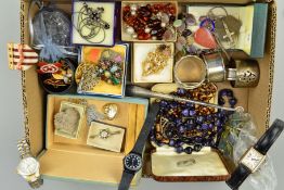 A SMALL BOX OF COSTUME JEWELLERY AND SILVERWARE to include four different silver napkin rings, all