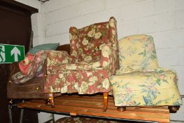 AN EARLY 20TH CENTURY UPHOLSTERED ARMCHAIR, an Edwardian winged armchair and two other chairs (4)