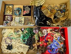 FOUR SMALL BOXES OF MAINLY COSTUME JEWELLERY to include a malachite necklace, imitation pearl