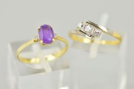 TWO GEM SET RINGS, the first designed as a central oval amethyst flanked by small circular