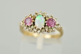 A GOLD OPAL, AMETHYST AND DIAMOND DRESS RING designed as a central opal cabochon flanked by circular