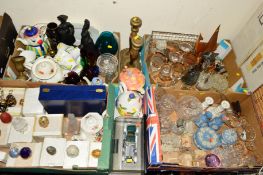 FOUR BOXES AND LOOSE CERAMICS, GLASS, METALWARE etc, to include boxed novelty eggs on stands,