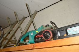 A BOSCH ELECTRIC CHAINSAW, a Silverline log splitting maul and aluminium log saw horse stand (3)