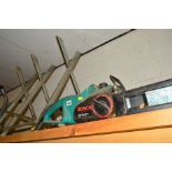 A BOSCH ELECTRIC CHAINSAW, a Silverline log splitting maul and aluminium log saw horse stand (3)