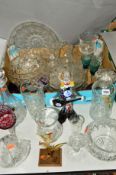 VARIOUS CUT/COLOURED/PRESSED GLASSWARES to include decanters, Murano glass clown, Dartington '