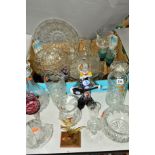 VARIOUS CUT/COLOURED/PRESSED GLASSWARES to include decanters, Murano glass clown, Dartington '