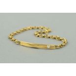 A LATE 20TH CENTURY 9CT GOLD DIAMOND SET IDENTITY PANEL BRACELET, a curved panel with a modern round