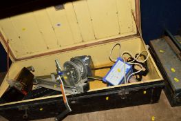 A LARGE VINTAGE RECTANGULAR DEED BOX containing a tow bar lock, tow bar winch, a metal toolbox and
