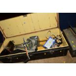 A LARGE VINTAGE RECTANGULAR DEED BOX containing a tow bar lock, tow bar winch, a metal toolbox and