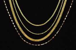 FOUR CHAIN NECKLACES to include a belcher link chain and a flattened anchor link chain, all with