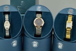 THREE BOXED LADYS CITIZEN ECO-DRIVE WRISTWATCHES, the first with a stainless steel strap, shaped