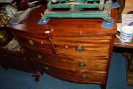 A GEORGIAN MAHOGANY BOWFRONT CHEST of two short and three long drawers on bracket feet, width 90cm x