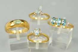 A COLLECTION OF GEM SET 9CT GOLD DRESS RINGS to include an aquamarine single stone band, ring size T