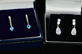 TWO PAIRS OF EARRINGS, the first designed as two circular colourless cubic zirconias suspending a