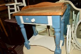 A PAINTED PINE SIDE TABLE with a single drawer, a painted oval coffee table and a child's chair (3)