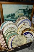 A BOX OF ASSORTED PLATES to include Palissy, Ironstone, J and G Meakin 'Kashmir', George Jones