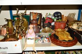 THREE BOXES AND LOOSE SUNDRY ITEMS, to include a box of brass and copper, Victorian papier mache