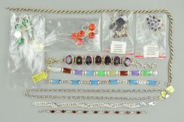 A SELECTION OF SILVER AND WHITE METAL MAINLY GEM SET JEWELLERY to include a pair of amethyst