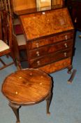 A REPRODUCTION BURR WALNUT FALL FRONT BUREAU with four exterior drawers, approximate width 74cm x