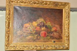 A STILL LIFE STUDY OF A BOWL OF FRUIT, unsigned oil on canvas, framed, approximate size 43cm x 64cm,