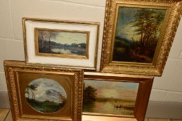 THREE GILT FRAMED LATE VICTORIAN/EDWARDIAN OIL PAINTINGS OF LANDSCAPES, unsigned, largest