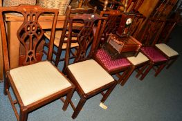 A SET OF SEVEN 20TH CENTURY OAK AND MAHOGANY HEPPLEWHITE STYLE DINING CHAIRS with various