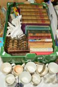 A BOX AND LOOSE SUNDRY ITEMS to include ten Royal Commemorative ceramics including a pair of 1902