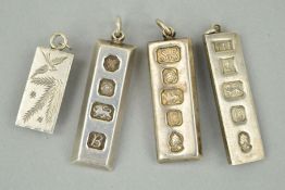 FOUR SILVER INGOT PENDANTS, two of rectangular outline, two of ingot design, all with large silver