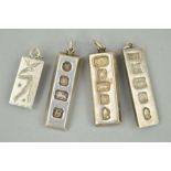 FOUR SILVER INGOT PENDANTS, two of rectangular outline, two of ingot design, all with large silver