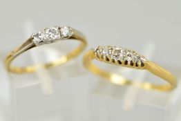 TWO THREE STONE DIAMOND RINGS, the first designed as three graduated brilliant cut diamonds within