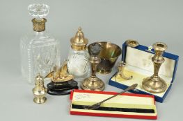 A BOX OF SILVER AND WHITE METAL to include an incomplete Norwegian condiment set in a David Andersen