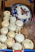 A BOX OF ROYAL COMMEMORATIVE CUPS/MUGS, etc, together with a cut glass bowl, Ironstone bowl, a