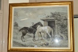 LEONARD F.G.CATTERMOLE (ACTIVE c1869-1886), a black and a white horse outside a stable with ducks to