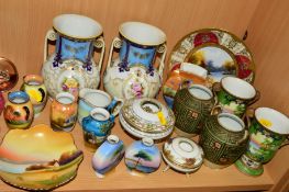 A GROUP OF NORITAKE, to include a pair of twin handled vases, florally decorated on cream and blue
