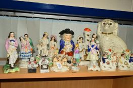 A GROUP OF STAFFORDSHIRE ITEMS, to include pastille burner, fairings, toby jug, chimney figure