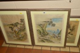 A PAIR OF CHINESE SILK PAINTINGS, the first depicting a group of male figures fishing from the